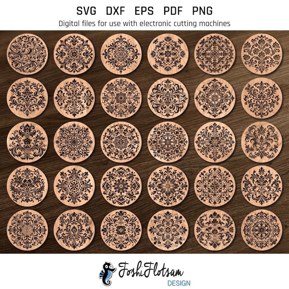 Coaster SVG - Floral SVG coaster bundle image 7 All 30 floral coaster SVG designs shown on one page as digital, stylized coaster SVGs.